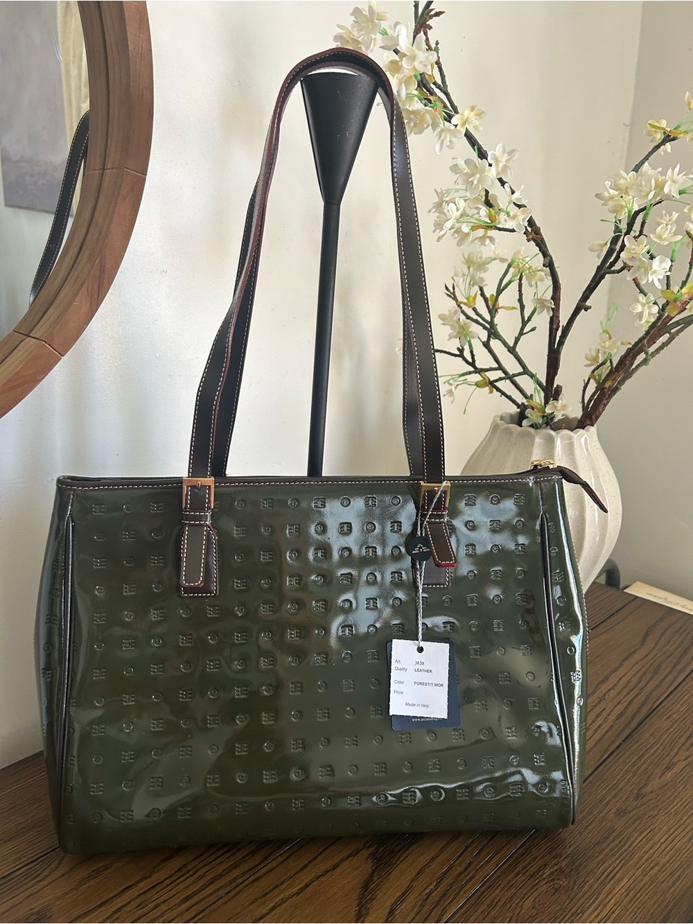 Arcadia Olive Green, Italian leather Patent Shoulder Tote with Dark Brown